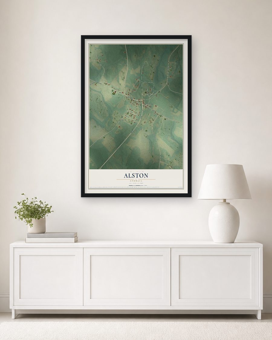 The Alston, Georgia map, 24 x 36 in, in a black wood frame on a living room wall