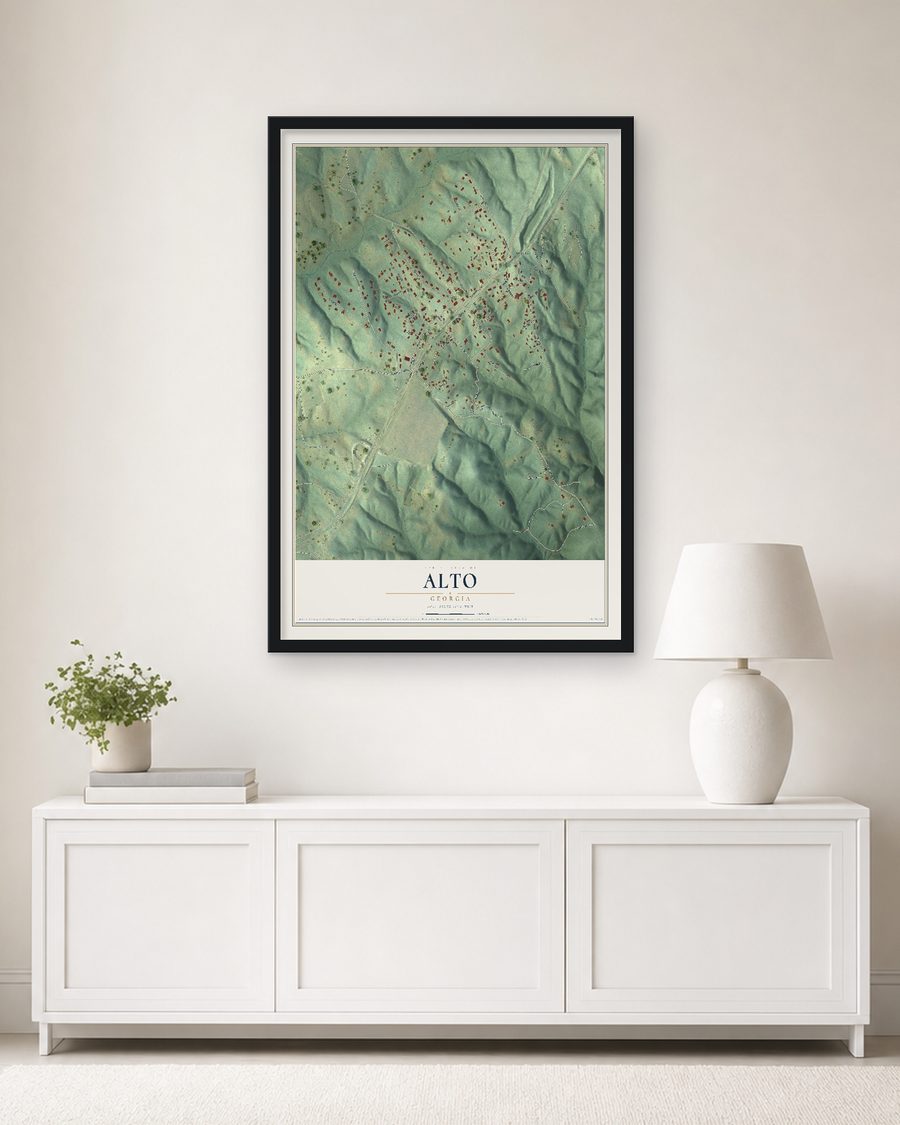 The Alto, Georgia map, 24 x 36 in, in a black wood frame on a living room wall