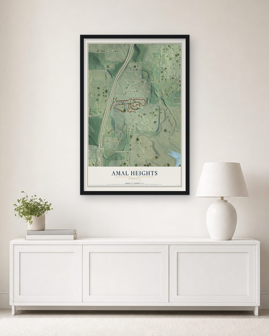 The Amal Heights, Georgia map, 24 x 36 in, in a black wood frame on a living room wall