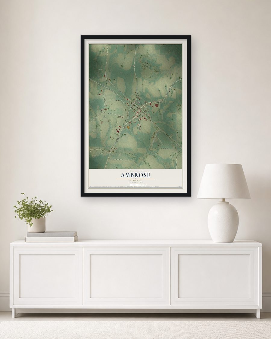 The Ambrose, Georgia map, 24 x 36 in, in a black wood frame on a living room wall