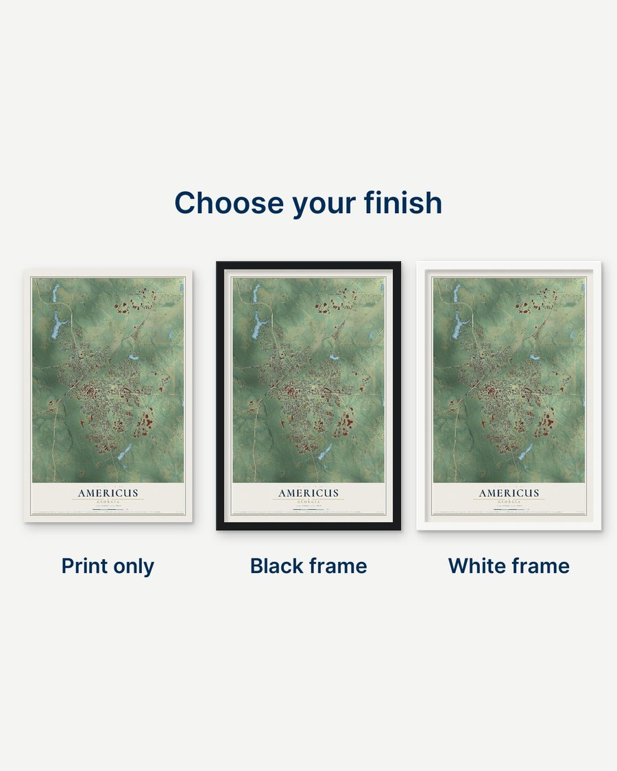 The Americus, Georgia map as a print only, in a black frame and in a white frame