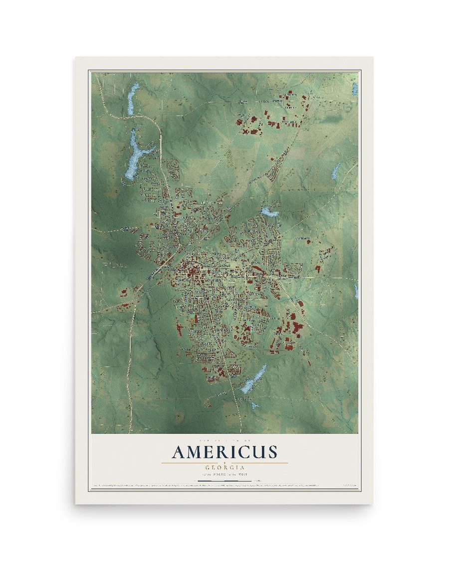 Americus, Georgia map print, 12 x 18 in, print only