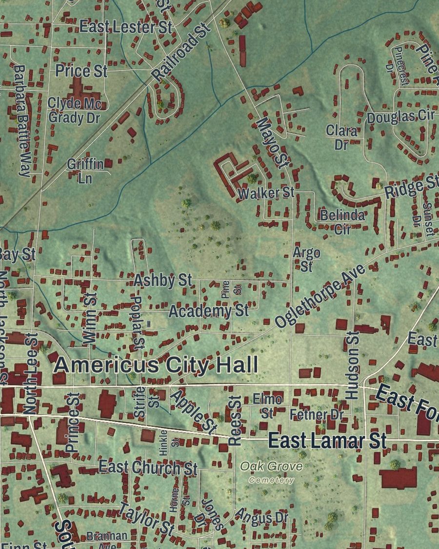 Close-up of Americus streets on the map