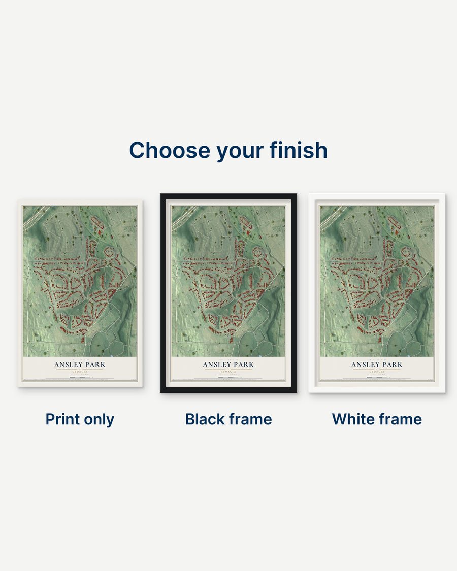 The Ansley Park, Georgia map as a print only, in a black frame and in a white frame