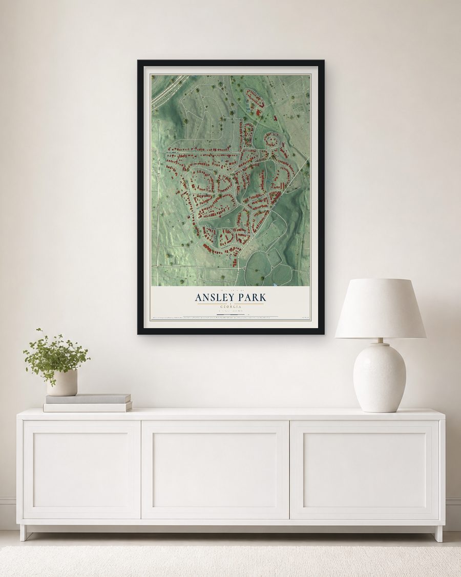 The Ansley Park, Georgia map, 24 x 36 in, in a black wood frame on a living room wall