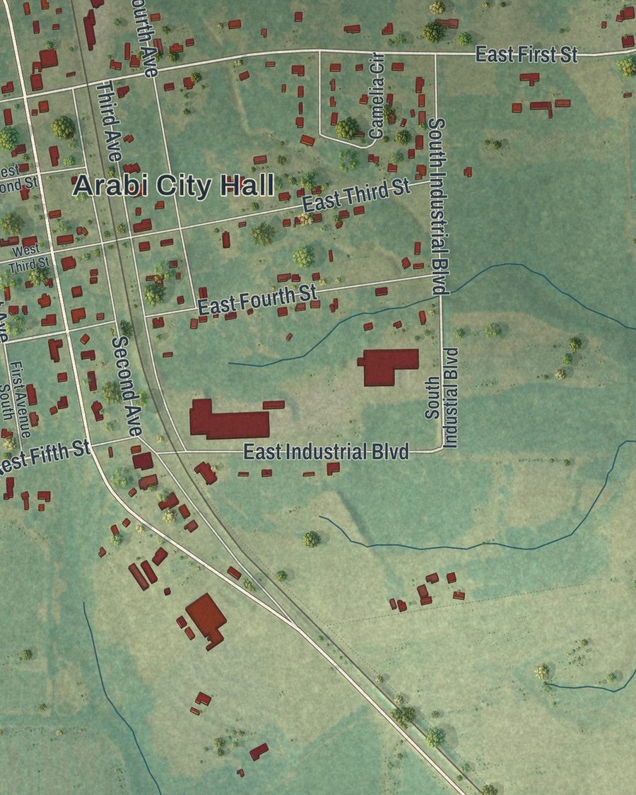 Close-up of Arabi streets on the map