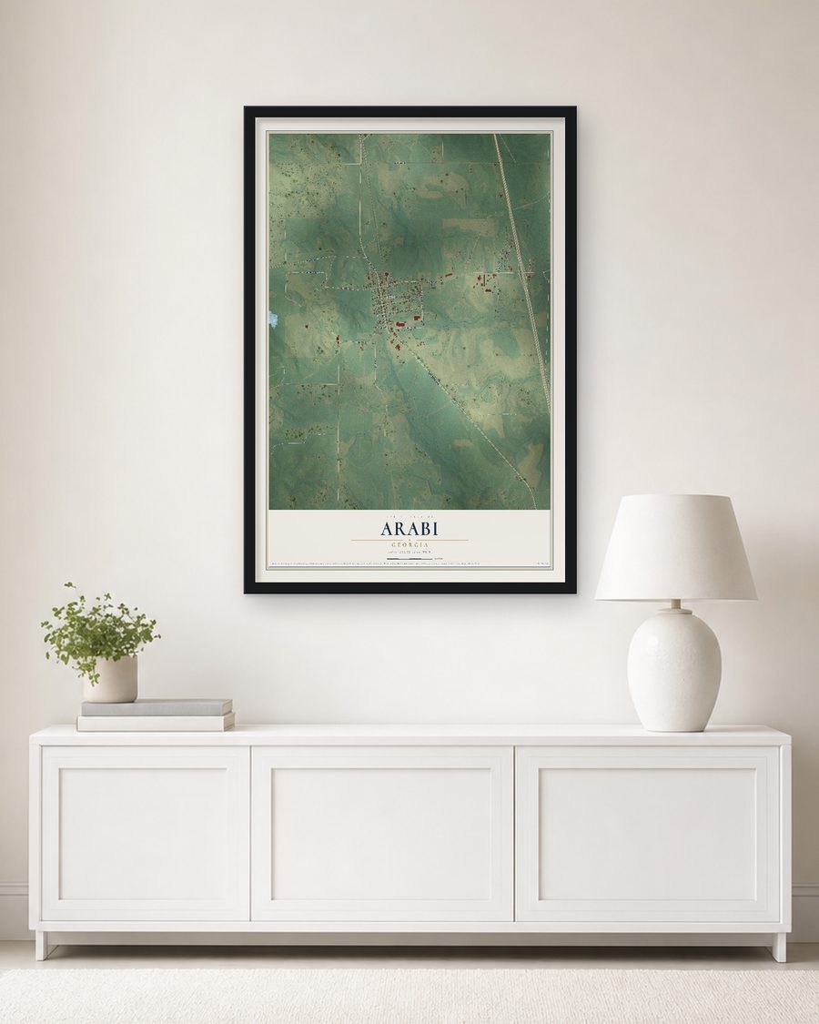 The Arabi, Georgia map, 24 x 36 in, in a black wood frame on a living room wall