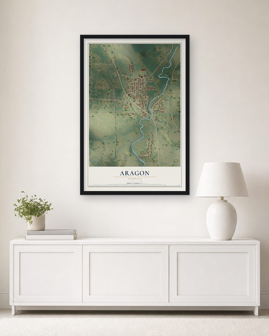 The Aragon, Georgia map, 24 x 36 in, in a black wood frame on a living room wall