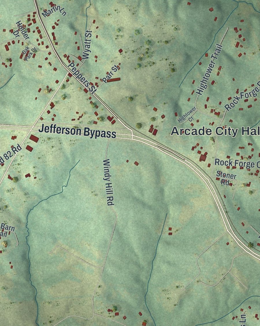 Close-up of Arcade streets on the map