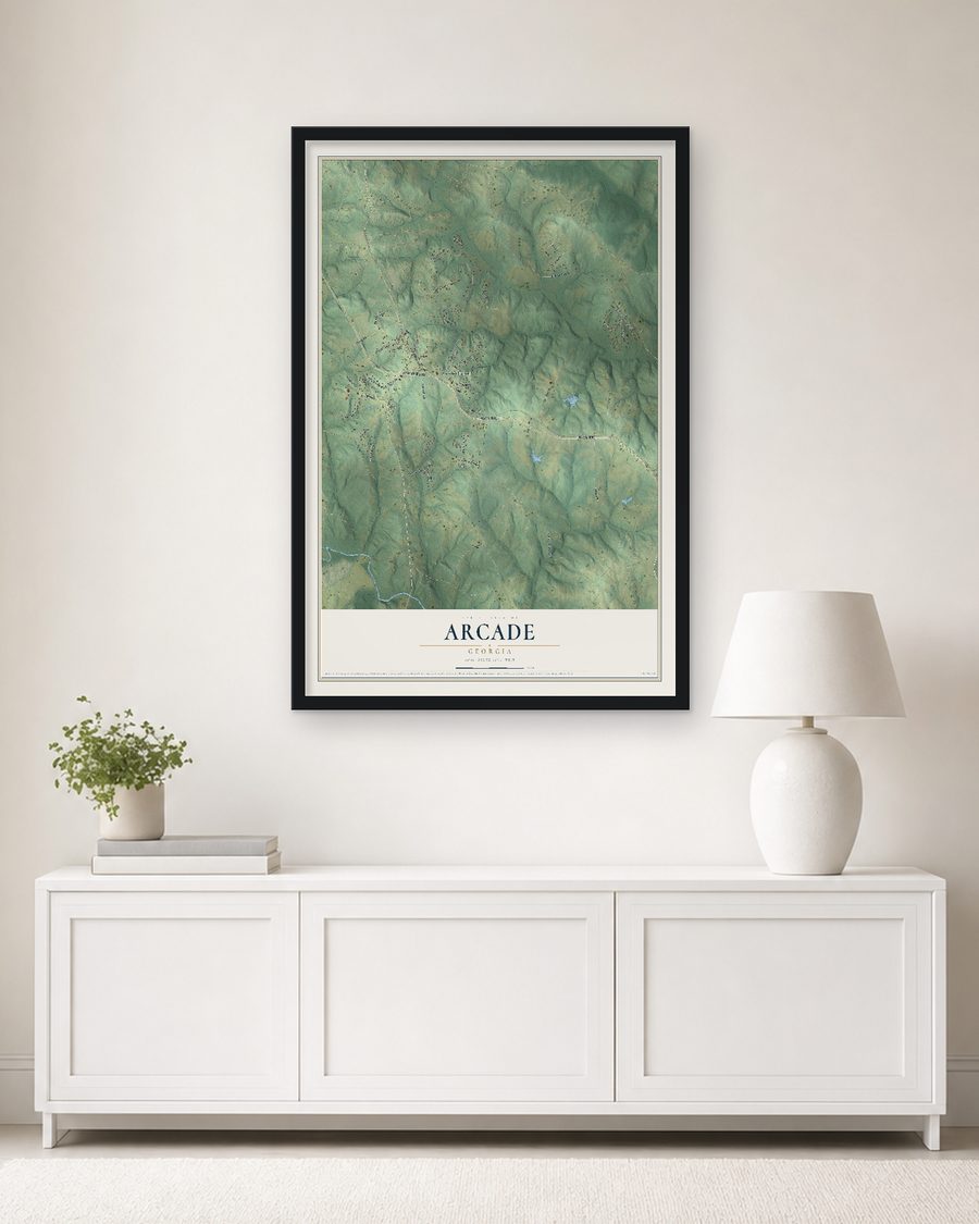 The Arcade, Georgia map, 24 x 36 in, in a black wood frame on a living room wall