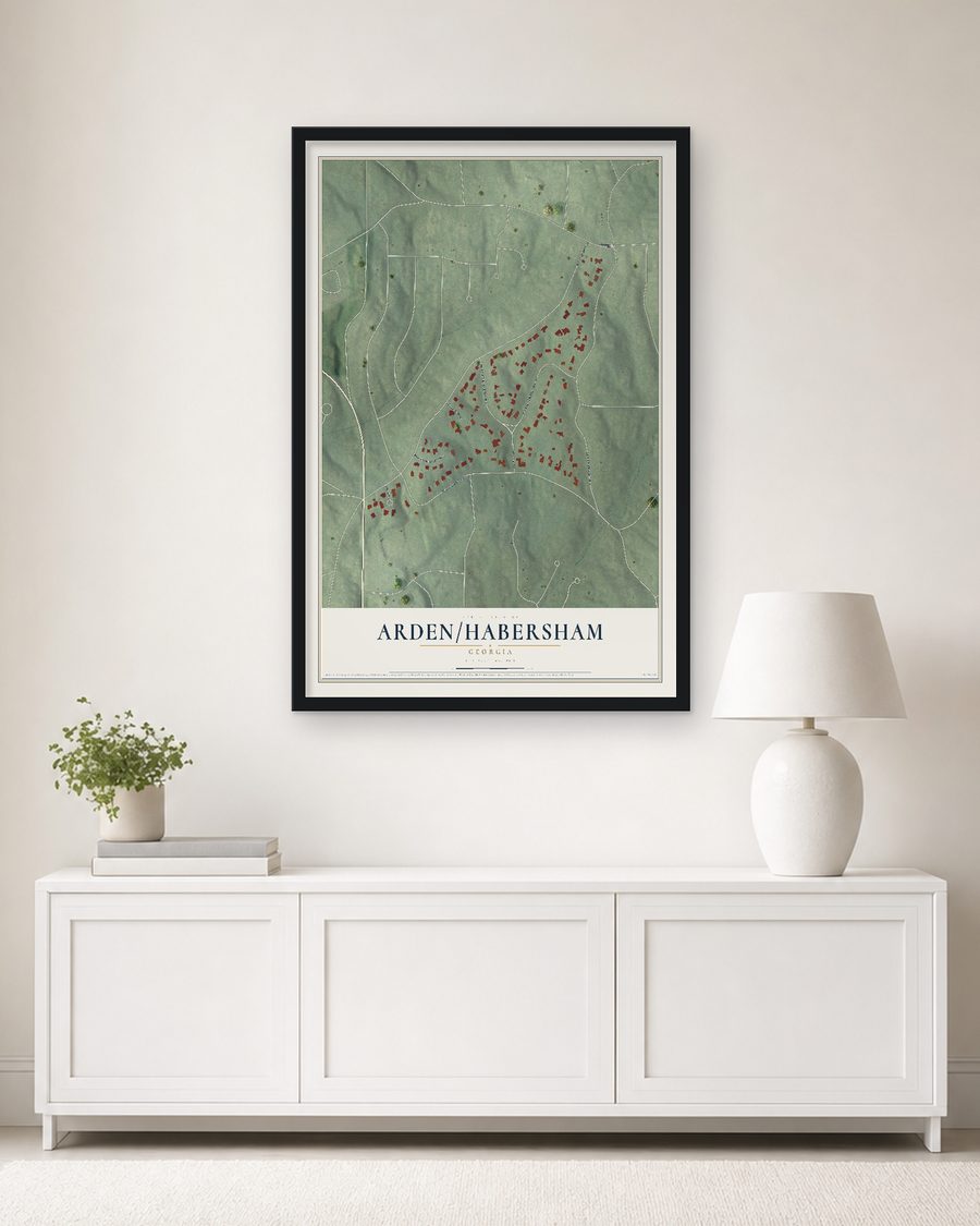 The Arden-Habersham, Georgia map, 24 x 36 in, in a black wood frame on a living room wall