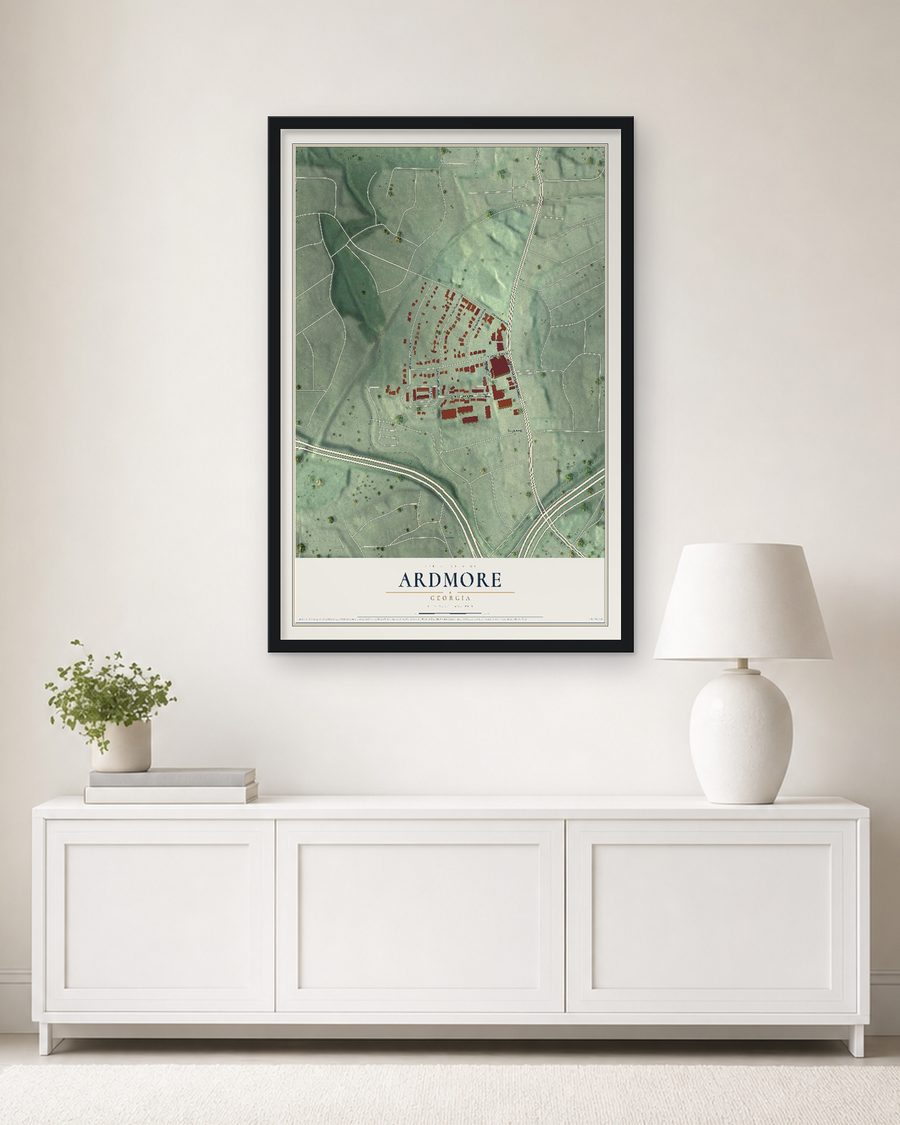 The Ardmore, Georgia map, 24 x 36 in, in a black wood frame on a living room wall