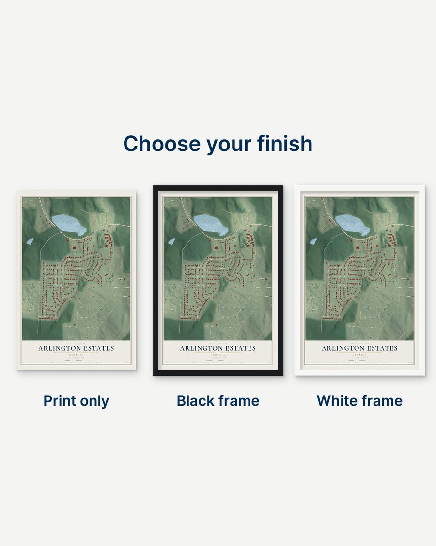 The Arlington Estates, Georgia map as a print only, in a black frame and in a white frame