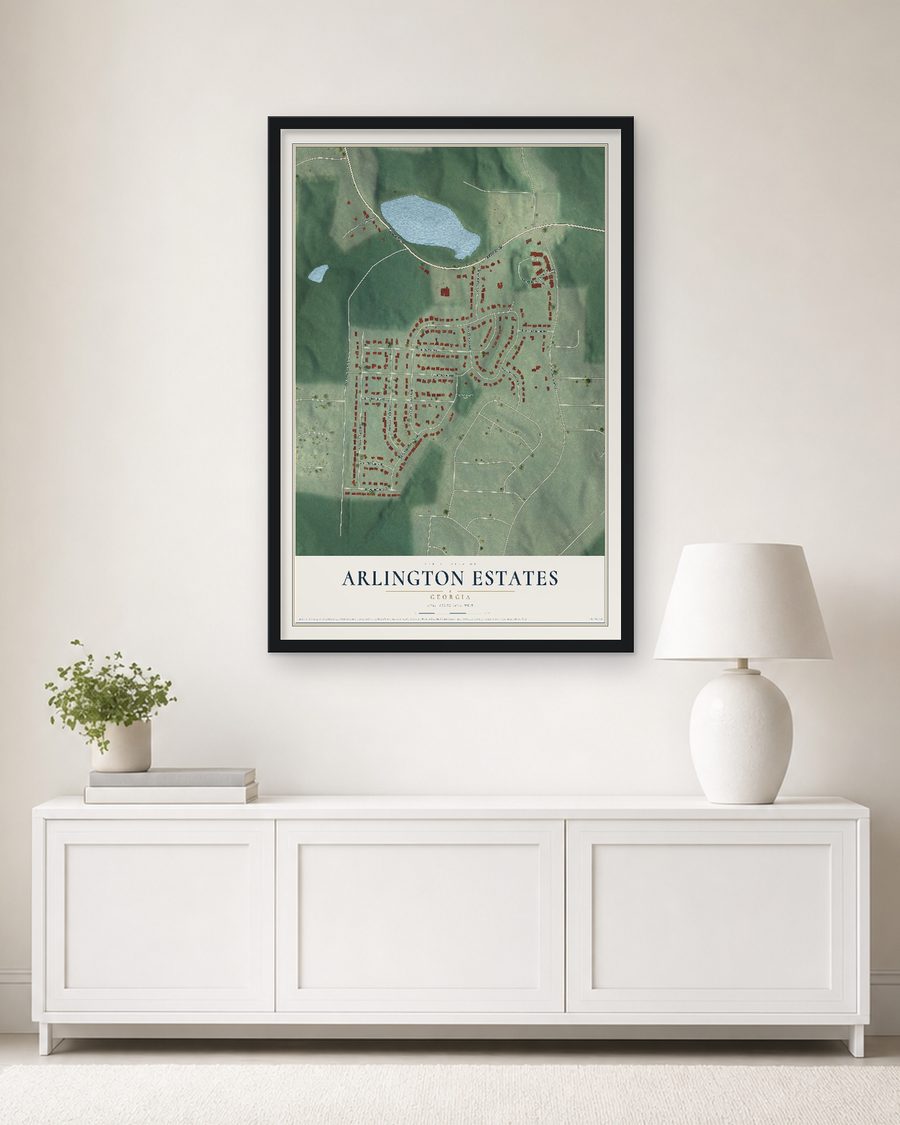 The Arlington Estates, Georgia map, 24 x 36 in, in a black wood frame on a living room wall