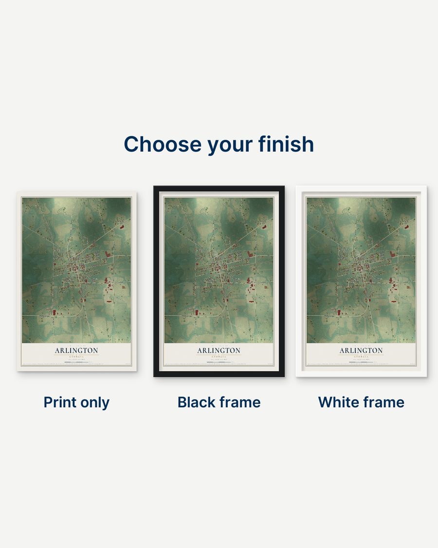 The Arlington, Georgia map as a print only, in a black frame and in a white frame