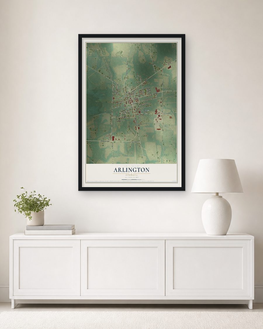 The Arlington, Georgia map, 24 x 36 in, in a black wood frame on a living room wall