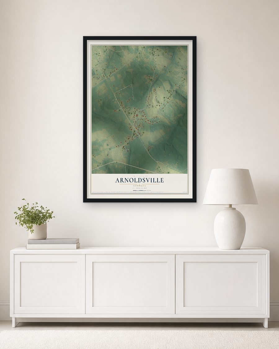 The Arnoldsville, Georgia map, 24 x 36 in, in a black wood frame on a living room wall