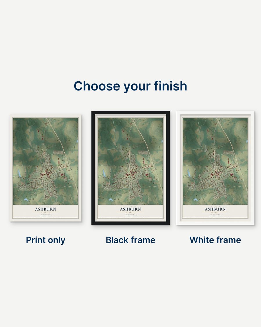 The Ashburn, Georgia map as a print only, in a black frame and in a white frame