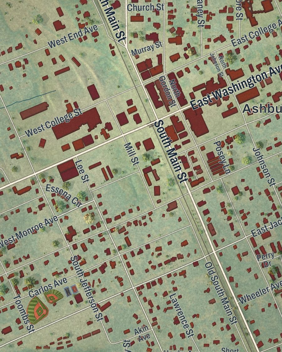 Close-up of Ashburn streets on the map