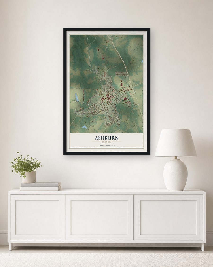 The Ashburn, Georgia map, 24 x 36 in, in a black wood frame on a living room wall
