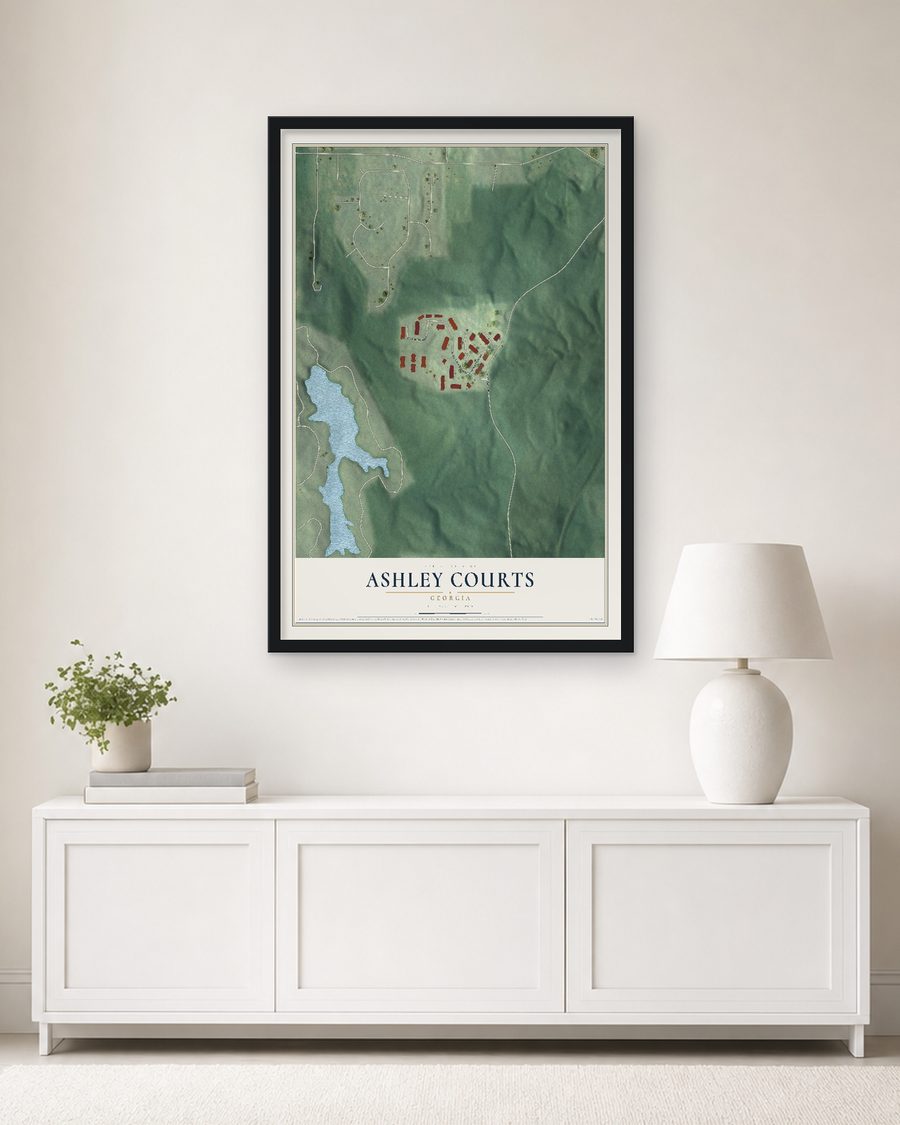 The Ashley Courts, Georgia map, 24 x 36 in, in a black wood frame on a living room wall