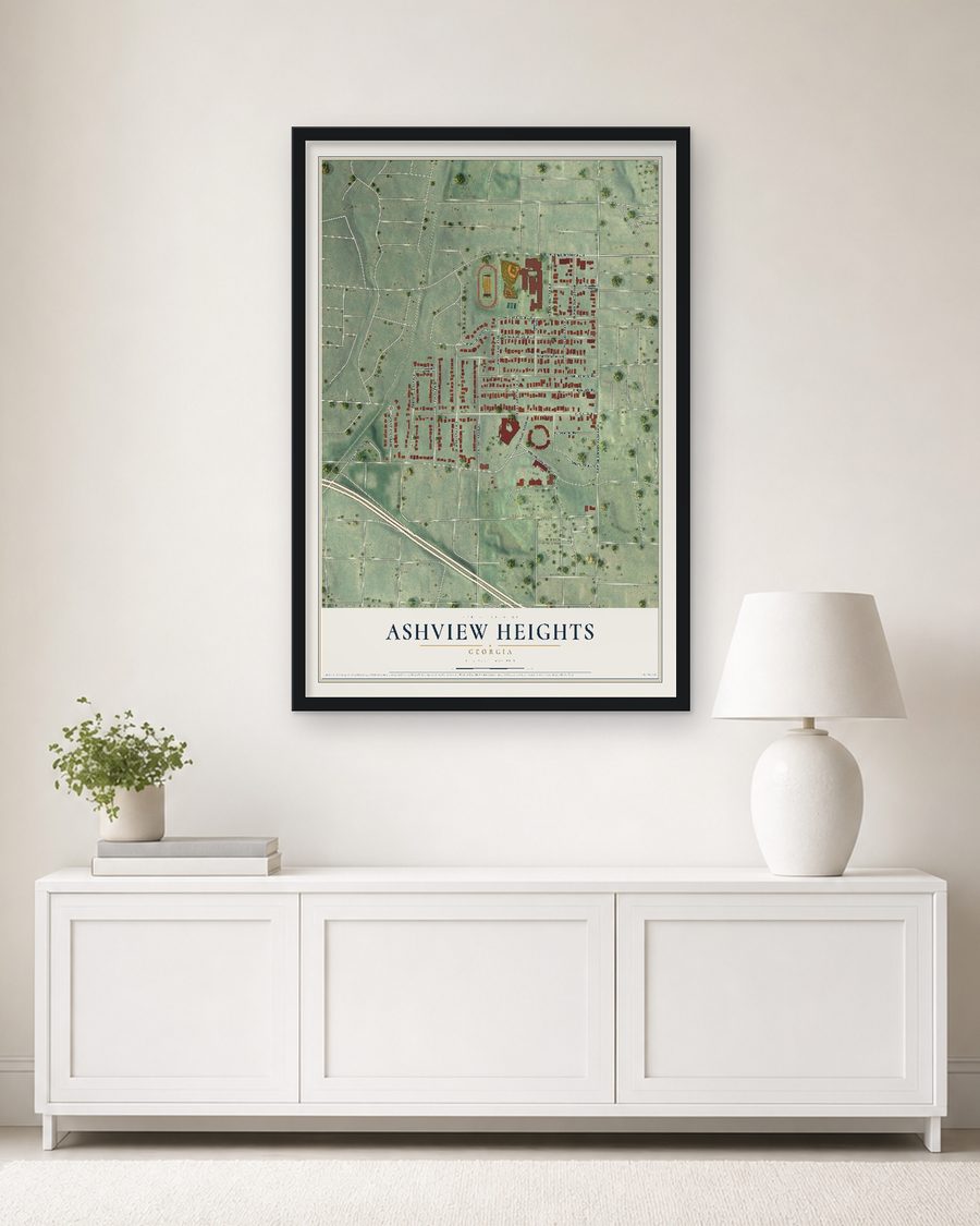 The Ashview Heights, Georgia map, 24 x 36 in, in a black wood frame on a living room wall