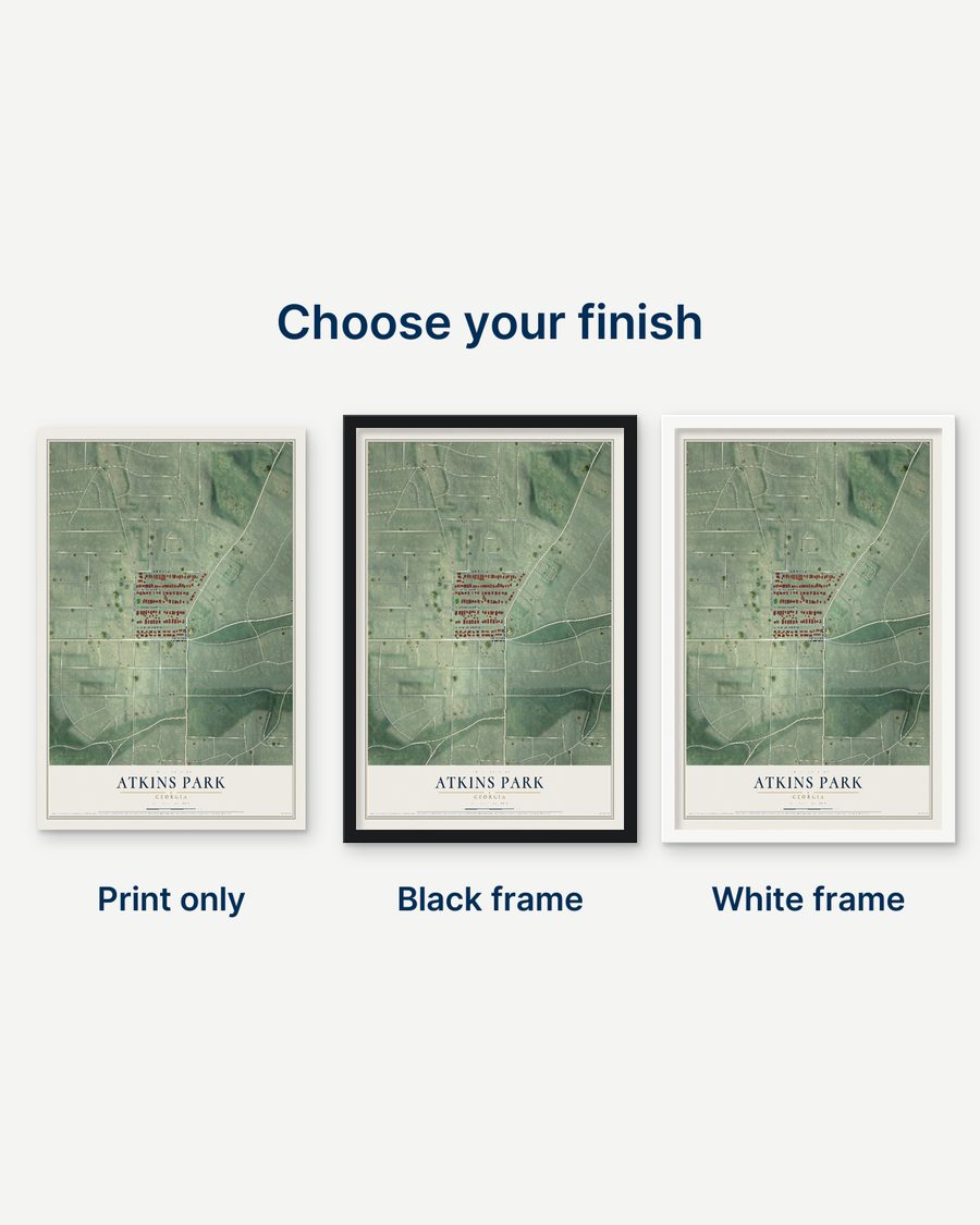 The Atkins Park, Georgia map as a print only, in a black frame and in a white frame