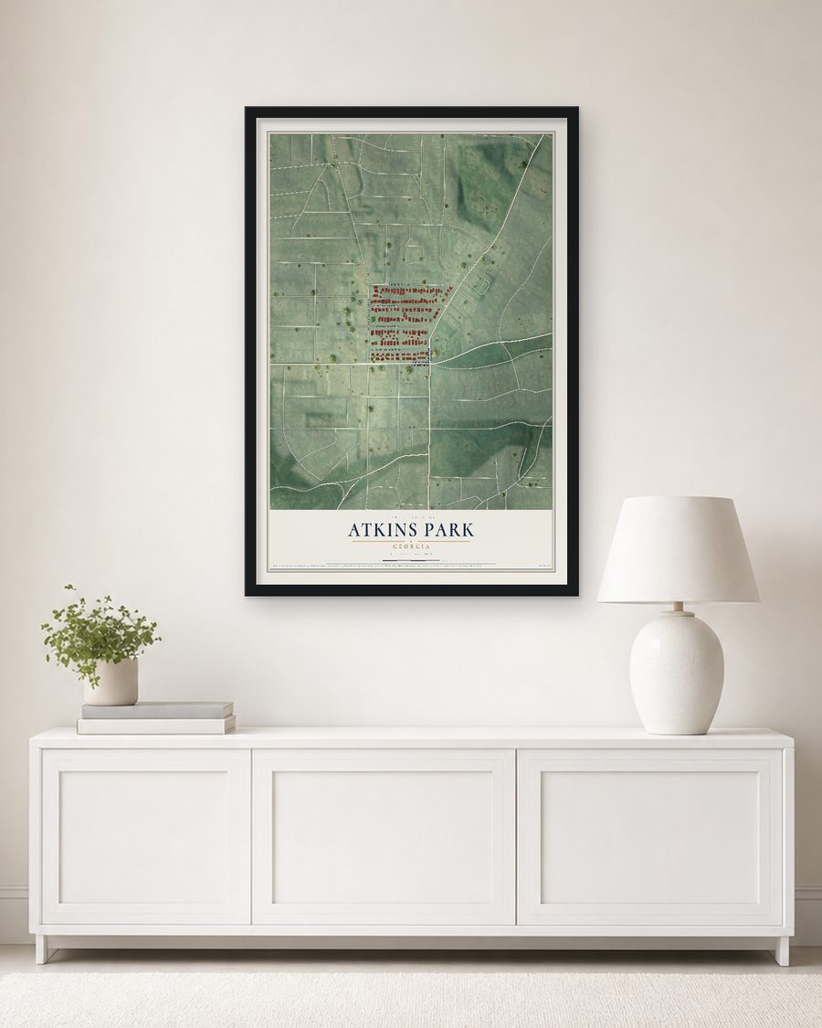 The Atkins Park, Georgia map, 24 x 36 in, in a black wood frame on a living room wall