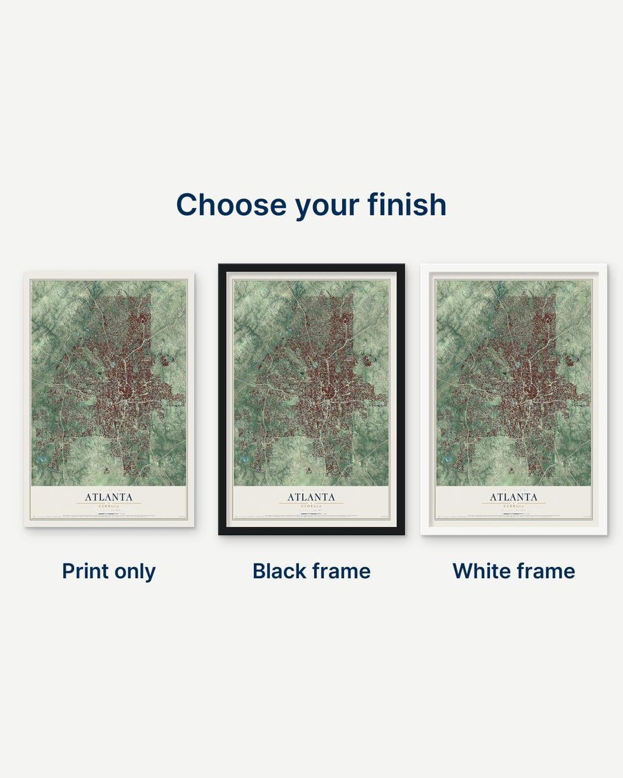 The Atlanta, Georgia map as a print only, in a black frame and in a white frame