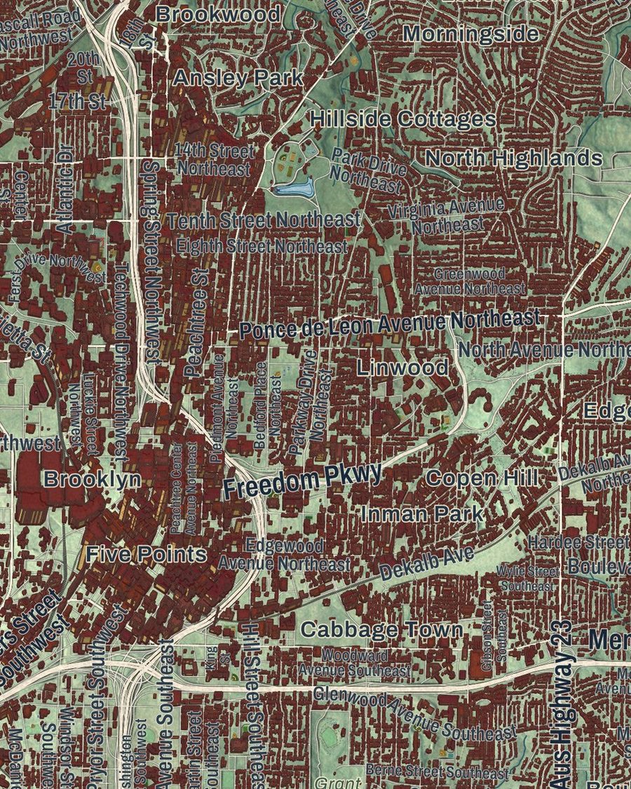 Close-up of Atlanta streets on the map