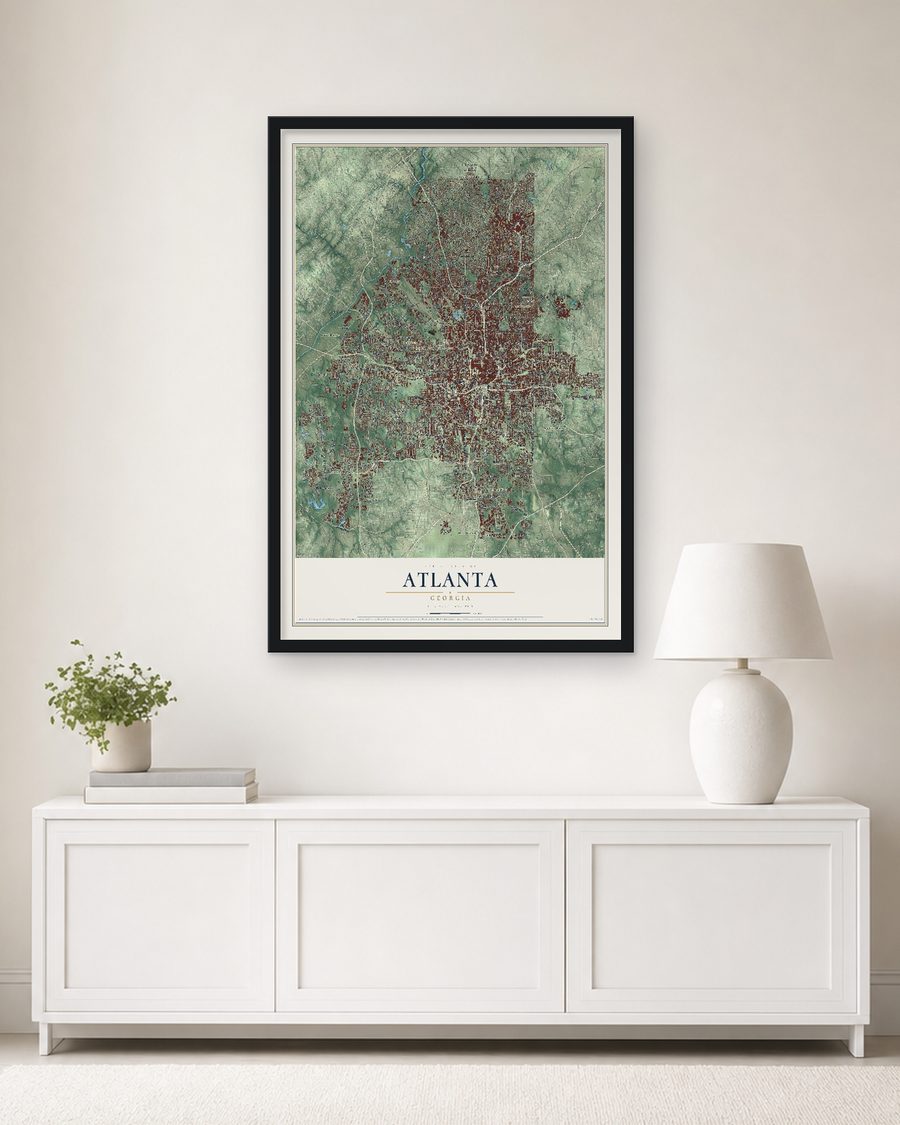 The Atlanta, Georgia map, 24 x 36 in, in a black wood frame on a living room wall