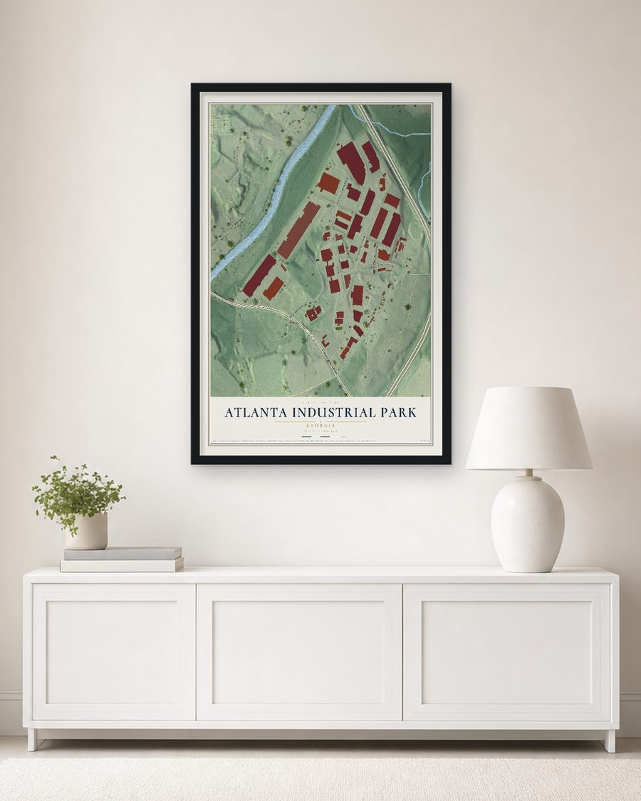 The Atlanta Industrial Park, Georgia map, 24 x 36 in, in a black wood frame on a living room wall