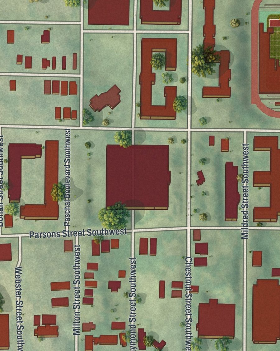 Close-up of Atlanta University Center streets on the map