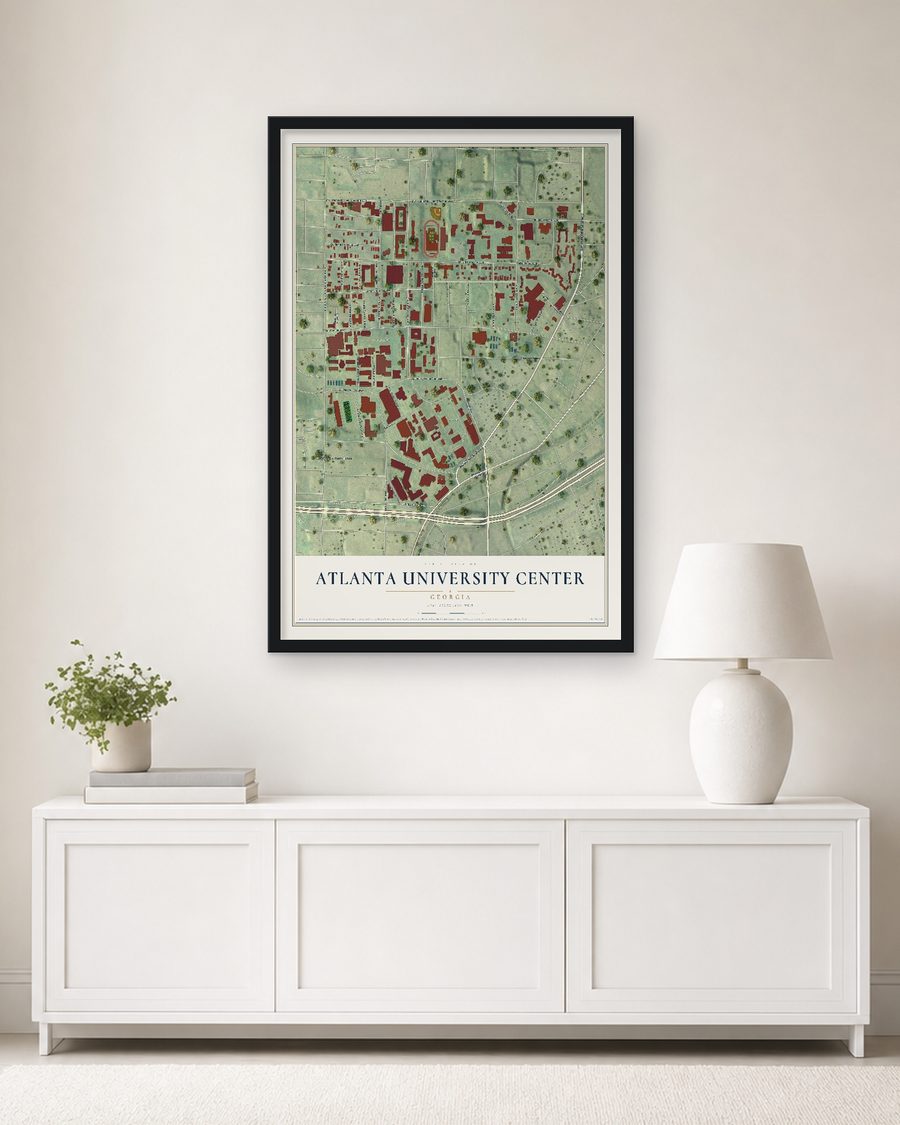 The Atlanta University Center, Georgia map, 24 x 36 in, in a black wood frame on a living room wall
