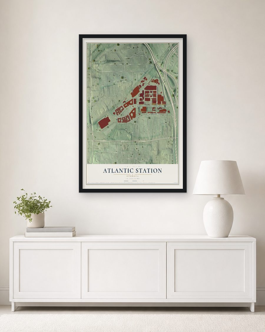 The Atlantic Station, Georgia map, 24 x 36 in, in a black wood frame on a living room wall