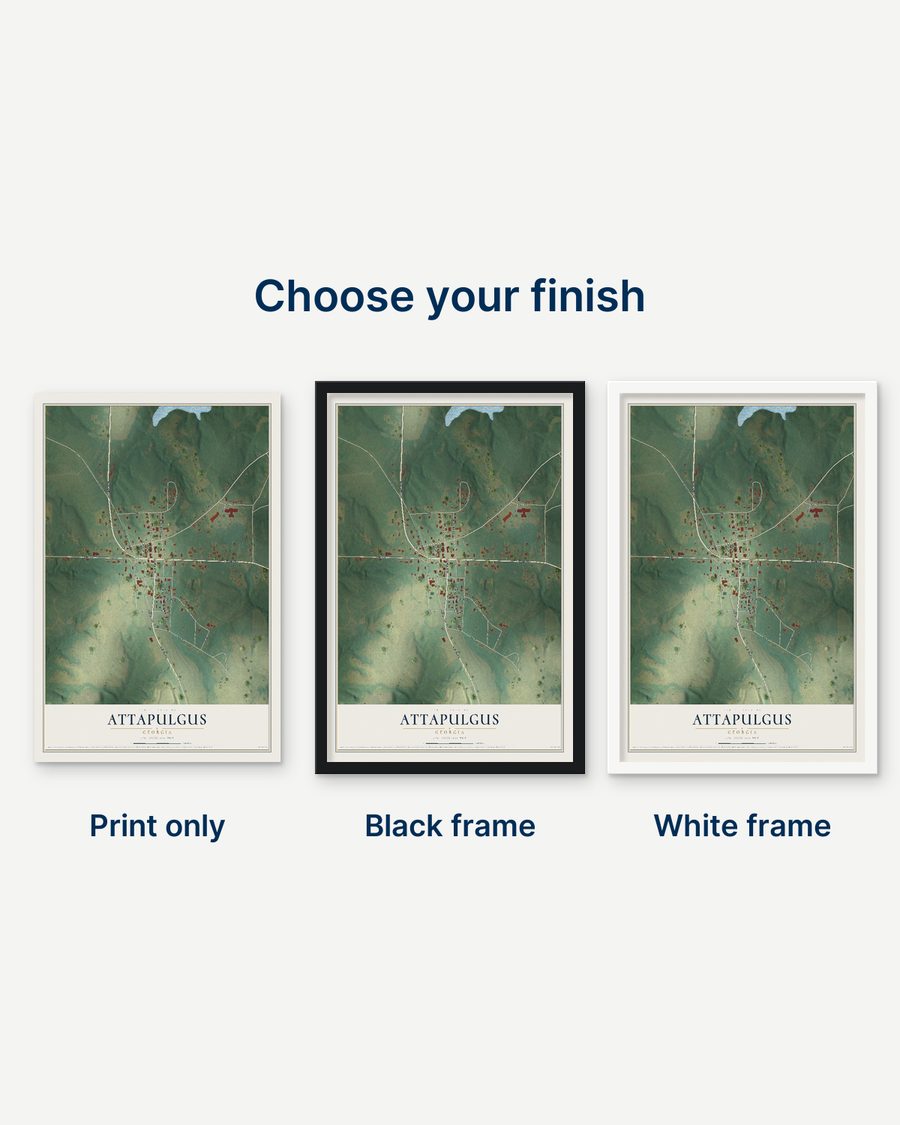 The Attapulgus, Georgia map as a print only, in a black frame and in a white frame