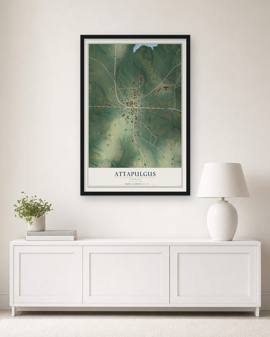 The Attapulgus, Georgia map, 24 x 36 in, in a black wood frame on a living room wall