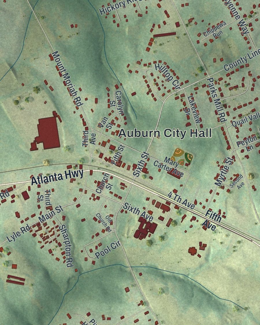 Close-up of Auburn streets on the map