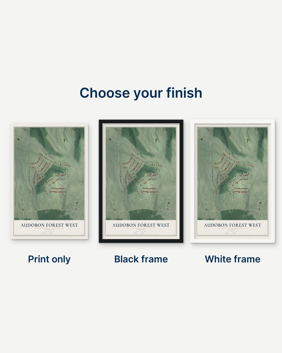 The Audobon Forest West, Georgia map as a print only, in a black frame and in a white frame