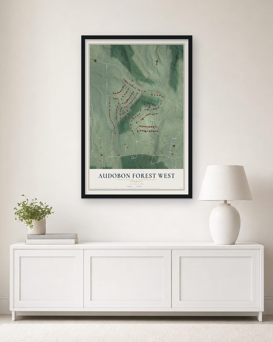 The Audobon Forest West, Georgia map, 24 x 36 in, in a black wood frame on a living room wall