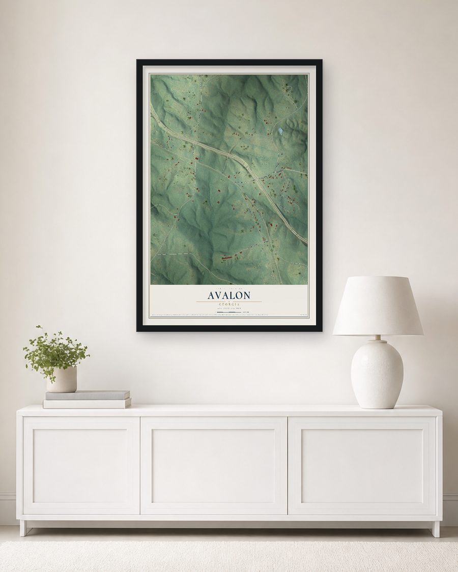 The Avalon, Georgia map, 24 x 36 in, in a black wood frame on a living room wall