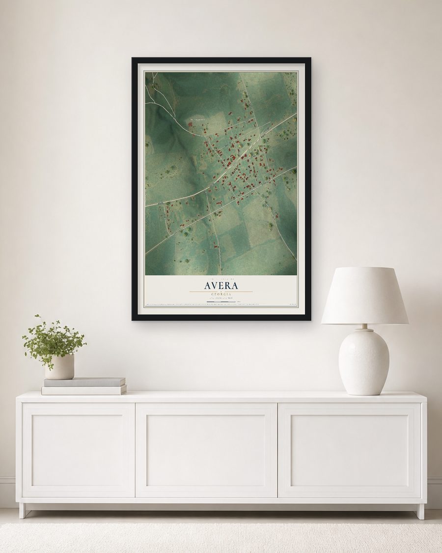 The Avera, Georgia map, 24 x 36 in, in a black wood frame on a living room wall