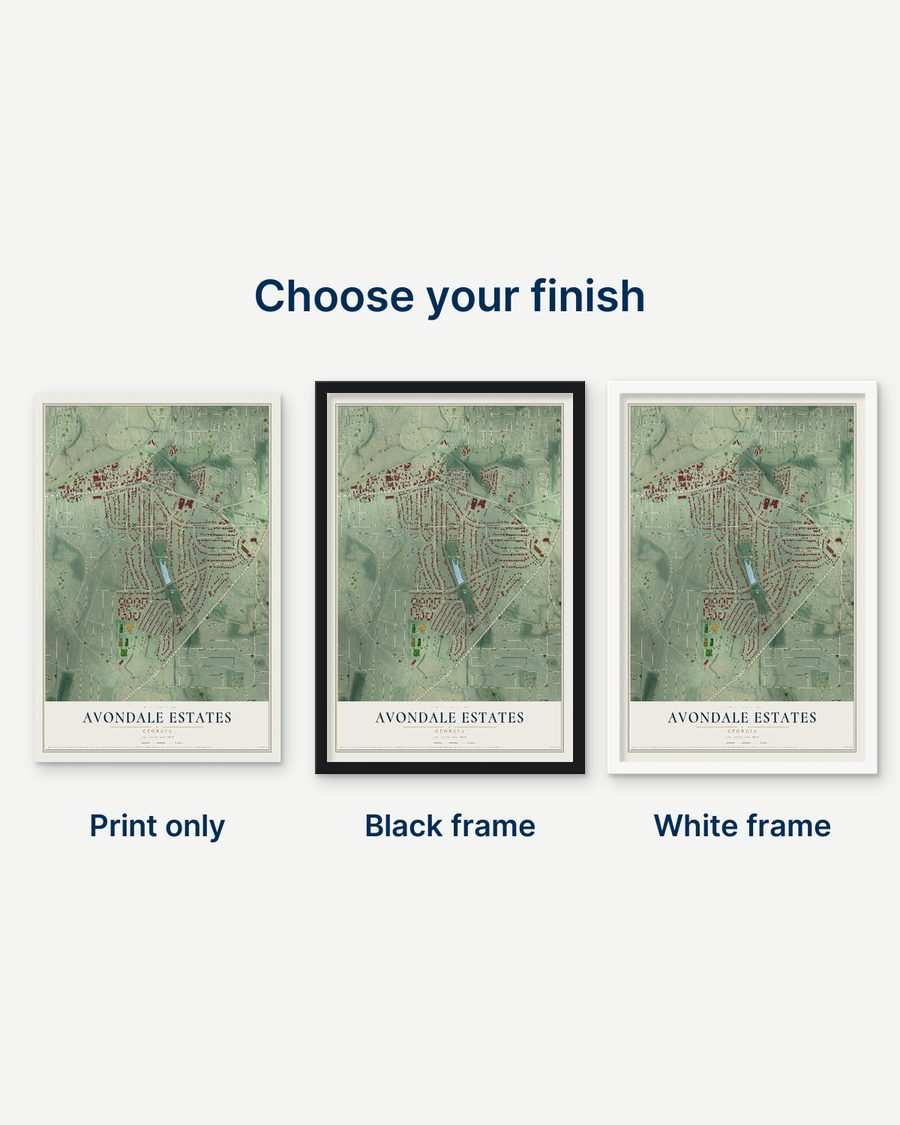 The Avondale Estates, Georgia map as a print only, in a black frame and in a white frame