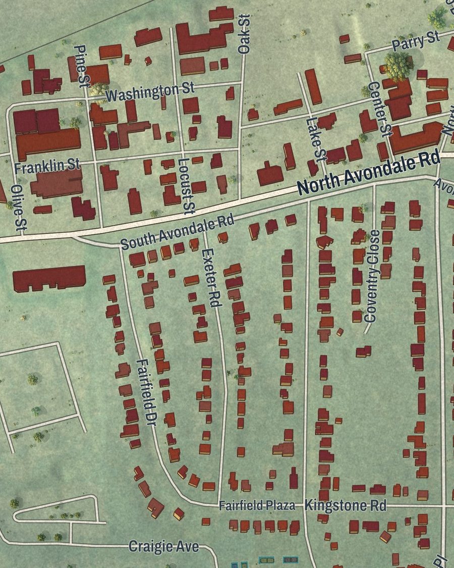 Close-up of Avondale Estates streets on the map