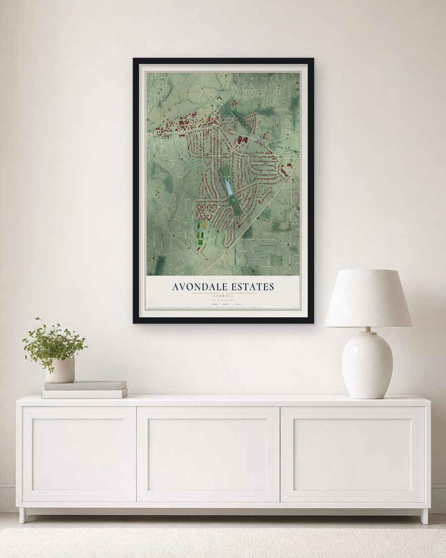 The Avondale Estates, Georgia map, 24 x 36 in, in a black wood frame on a living room wall