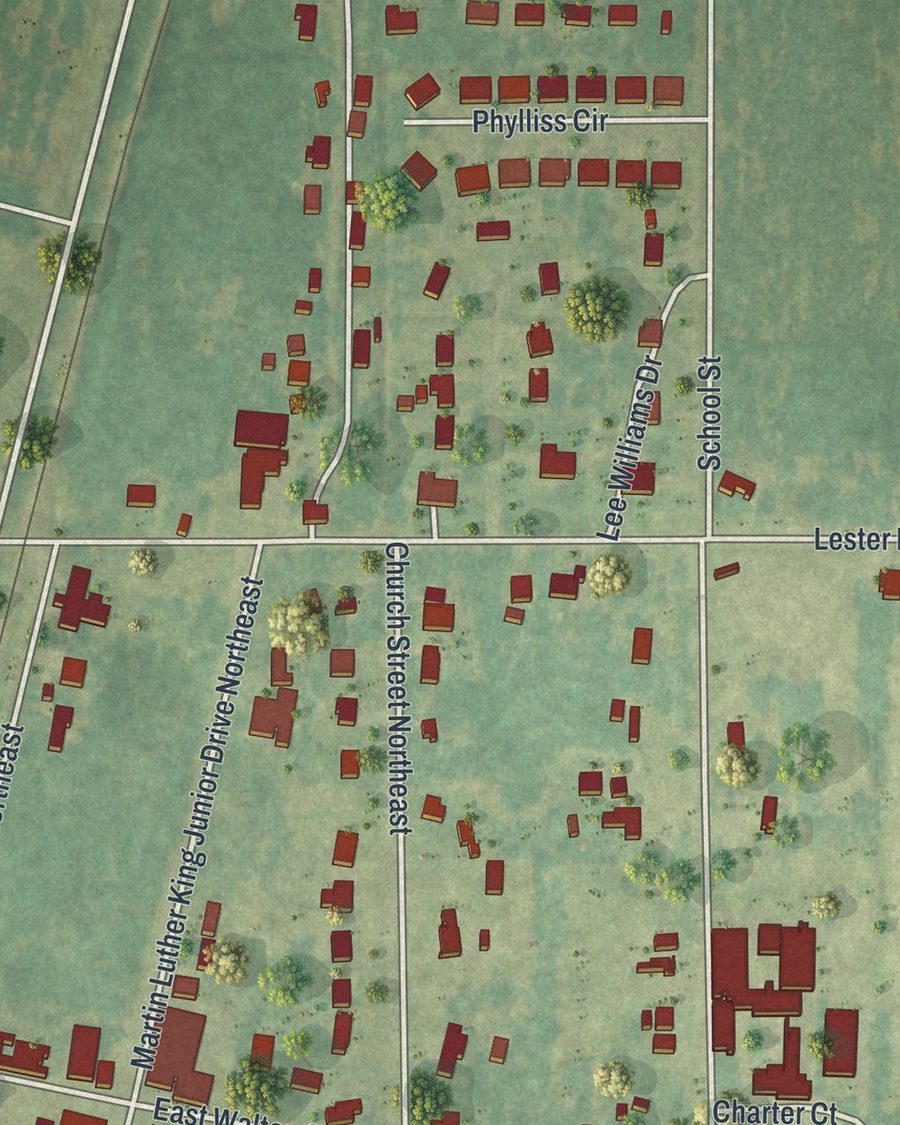 Close-up of Baconton streets on the map