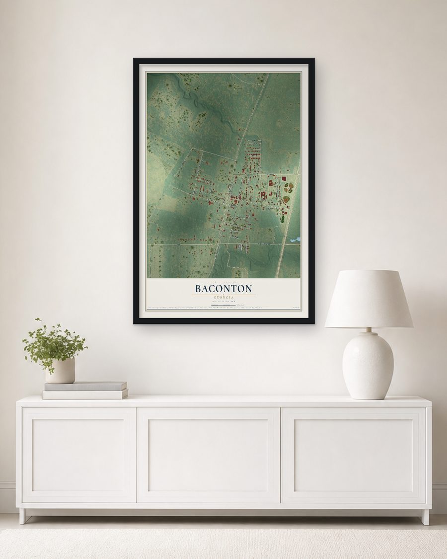 The Baconton, Georgia map, 24 x 36 in, in a black wood frame on a living room wall