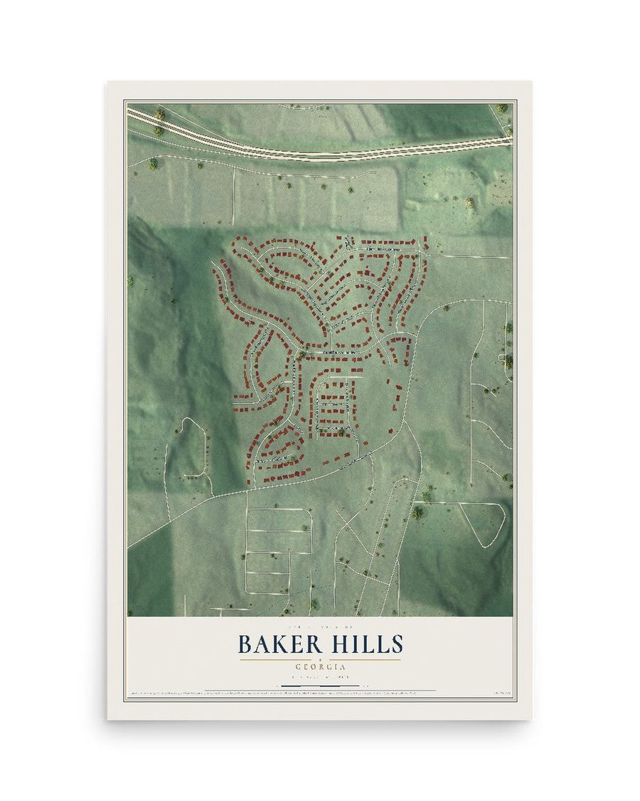 Baker Hills, Georgia map print, 12 x 18 in, print only