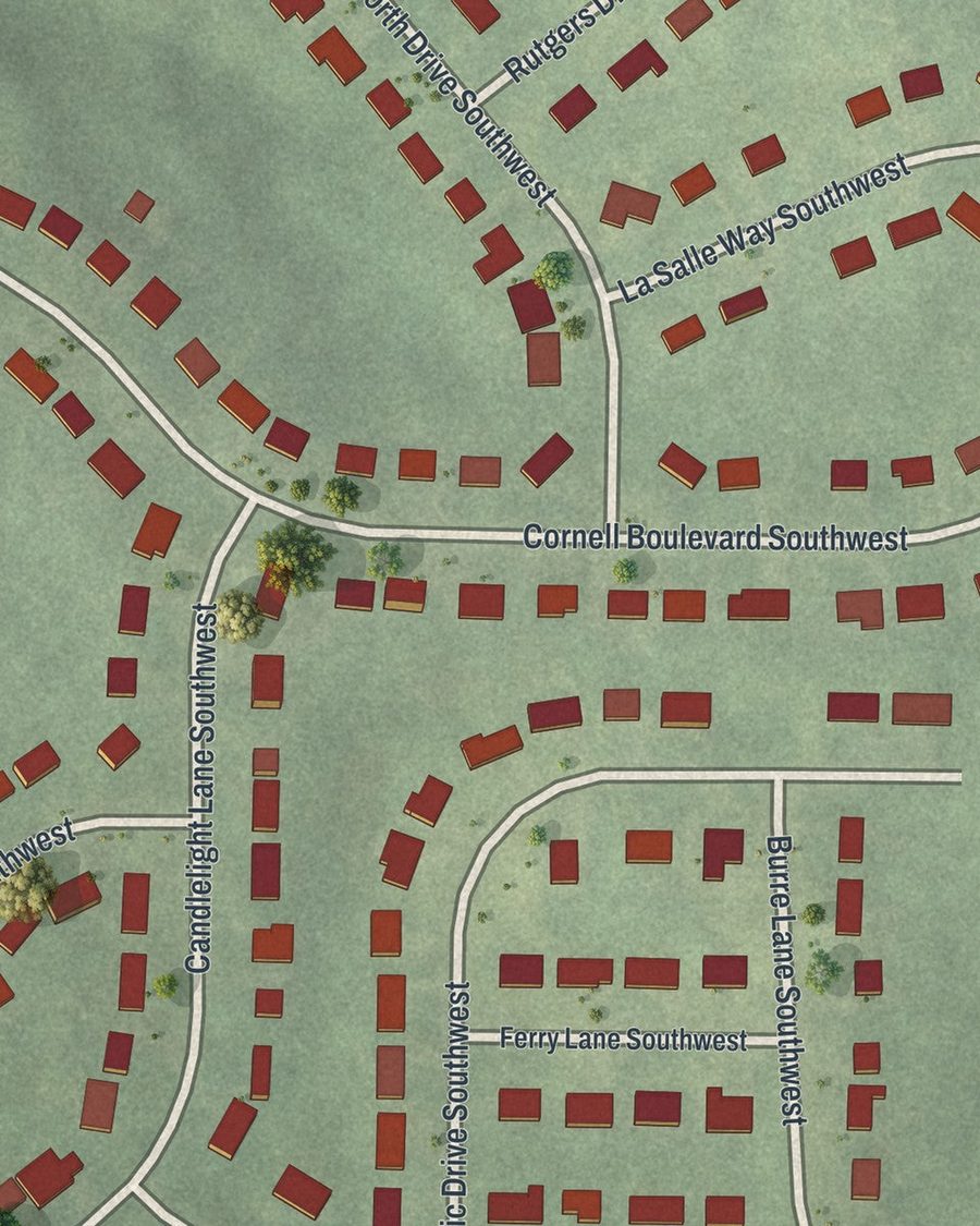 Close-up of Baker Hills streets on the map