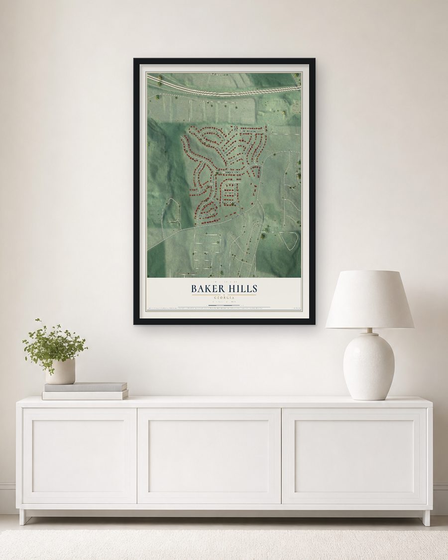 The Baker Hills, Georgia map, 24 x 36 in, in a black wood frame on a living room wall